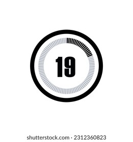 Timer 19 Minutos, segundos, icono del vector de cronómetro Hours. Icono de Stopwatch en estilo plano, 19 minutos, segundos, símbolo del temporizador de cuenta regresiva de horas en fondo blanco. Ilustración vectorial.