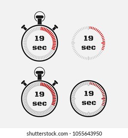 Timer 19 seconds on gray background . Stopwatch icon set. Timer icon. Time check. Seconds timer, seconds counter. Timing device.  Four options. EPS 10 vector.