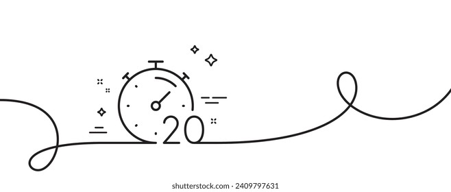 Timer 20 minutes line icon. Continuous one line with curl. Stopwatch time sign. Countdown clock symbol. Timer single outline ribbon. Loop curve pattern. Vector