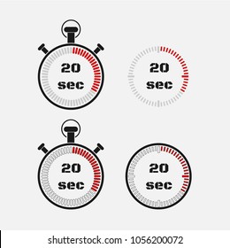 Timer 20 seconds on gray background . Stopwatch icon set. Timer icon. Time check. Seconds timer, seconds counter. Timing device.  Four options. EPS 10 vector.
