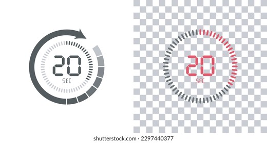 Timer, 20 seconds, stopwatch vector icon. Stopwatch icon in flat style, 20 seconds Countdown timer symbol icon on white and transparent background. Vector illustration.