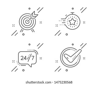 Timer, 24/7 service and Archery line icons set. Confirmed sign. Deadline management, Call support, Attraction park. Accepted message. Business set. Line timer outline icon. Vector