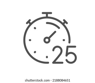 Icono de línea de 25 minutos de temporizador. Señal de tiempo de Stopwatch. Símbolo de reloj de cuenta regresiva. Elemento de diseño de calidad. Icono de temporizador de estilo lineal. Trazo editable. Vector