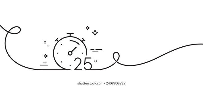 Timer 25 minutes line icon. Continuous one line with curl. Stopwatch time sign. Countdown clock symbol. Timer single outline ribbon. Loop curve pattern. Vector