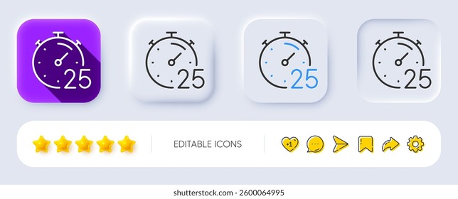 Timer 25 minutes line icon. Neumorphic, Flat shadow, 3d buttons. Stopwatch time sign. Countdown clock symbol. Line timer icon. Social media icons. Vector