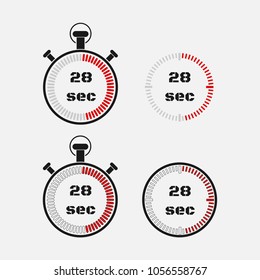 Timer 28 seconds on gray background . Stopwatch icon set. Timer icon. Time check. Seconds timer, seconds counter. Timing device.  Four options. EPS 10 vector.