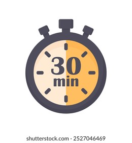 Timer with 30 minutes in cartoon style on white background isolated. Fast delivery symbol. Time limit sign. Beautiful timer.