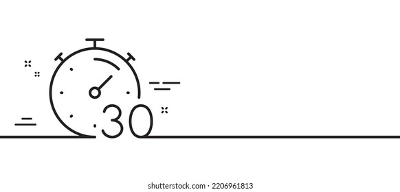 Icono de línea de 30 minutos de temporizador. Señal de tiempo de Stopwatch. Símbolo de reloj de cuenta regresiva. Fondo mínimo de la ilustración de línea. Banner de patrón de icono de línea de temporizador. Concepto de plantilla web blanca. Vector
