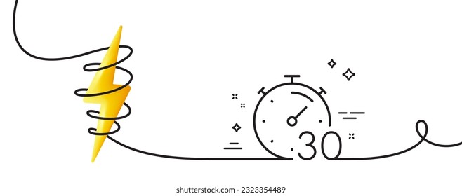 Timer 30 minutes line icon. Continuous one line with curl. Stopwatch time sign. Countdown clock symbol. Timer single outline ribbon. Loop curve with energy. Vector