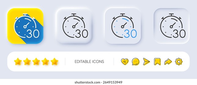 Timer 30 minutes line icon. Neumorphic, Flat shadow, 3d buttons. Stopwatch time sign. Countdown clock symbol. Line timer icon. Social media icons. Vector