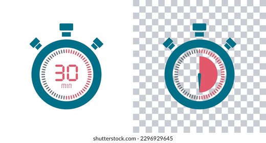 Timer, 30 minutes, stopwatch vector icon. Stopwatch icon in flat style, 30 minutes Countdown timer symbol icon on white and transparent background. Vector illustration.