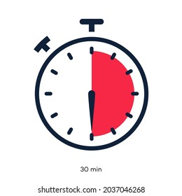 Timer 30 minutes symbol color style isolated on white background. Clock, stopwatch, cooking time label, sport icon. Vector 10 eps