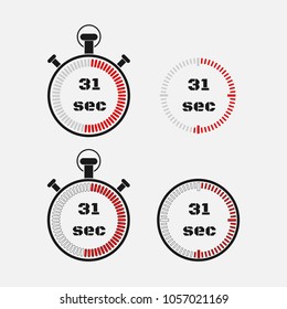 Timer 31 seconds on gray background . Stopwatch icon set. Timer icon. Time check. Seconds timer, seconds counter. Timing device.  Four options. EPS 10 vector.