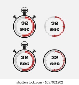 Timer 32 seconds on gray background . Stopwatch icon set. Timer icon. Time check. Seconds timer, seconds counter. Timing device.  Four options. EPS 10 vector.