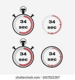 Timer 34 seconds on gray background . Stopwatch icon set. Timer icon. Time check. Seconds timer, seconds counter. Timing device.  Four options. EPS 10 vector.
