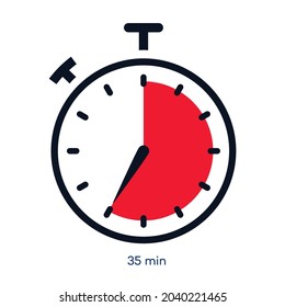 Timer 35 minutes symbol color style isolated on white background. Clock, stopwatch, cooking time label, sport icon. Vector 10 eps