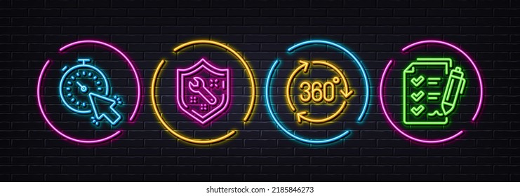 Timer, 360 degree and Spanner minimal line icons. Neon laser 3d lights. Survey checklist icons. For web, application, printing. Time management, Virtual reality, Repair service. Report. Vector