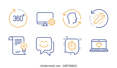 Timer, 360 degrees and Recovery tool line icons set. Reject certificate, Smile face and Face id signs. Monitor settings, Web love symbols. Time management, Panoramic view. Technology set. Vector