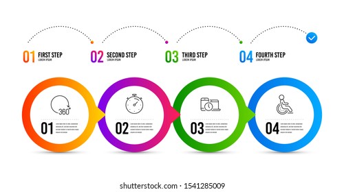Timer, 360 degrees and Time management line icons set. Timeline infographic. Disability sign. Deadline management, Full rotation, Laptop device. Disabled person. Business set. Timer icon. Vector