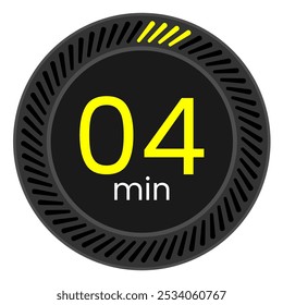 Timer 4 min icon. Four minutes chronometer vector illustration. Black and Yellow timer.