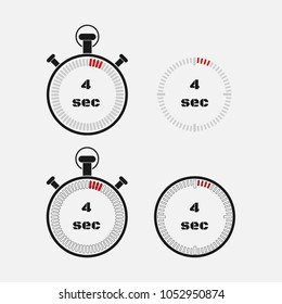 Timer 4 seconds on gray background . Stopwatch icon set. Timer icon. Time check. Seconds timer, seconds counter. Timing device.  Four options. EPS 10 vector.