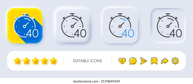 Timer 40 minutes line icon. Neumorphic, Flat shadow, 3d buttons. Stopwatch time sign. Countdown clock symbol. Line timer icon. Social media icons. Vector