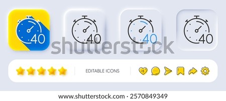 Timer 40 minutes line icon. Neumorphic, Flat shadow, 3d buttons. Stopwatch time sign. Countdown clock symbol. Line timer icon. Social media icons. Vector
