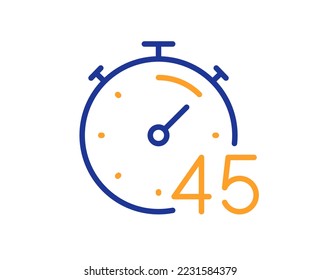 Zeiger 45 Minuten Zeile Symbol. Hör auf, Zeitschild anzuschauen! Countdown-Uhr-Symbol. Farbenvolles Konzept der dünnen Linie. Lineares Timer-Icon. Bearbeitbarer Strich. Vektorgrafik