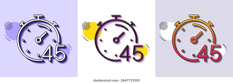 Timer 45 minutes line icon. Halftone dotted pattern. Gradient icon with grain shadow. Stopwatch time sign. Countdown clock symbol. Line timer icon. Various designs. Vector