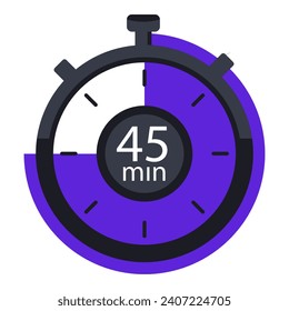 Timer with 45 minutes on dial line icon. Time, stopwatch, alarm clock, clock, second, hour, minute, countdown, chronometer, hands, mechanism. Vector icons for business and advertising