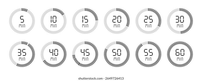Temporizador 5, 10, 15, 20, 25, 30, 35, 40, 45, 50, 55, 60 min. Ícones de conjunto isolados de cronômetro. Contagem regressiva ícone do símbolo do temporizador definido. ilustração vetorial.