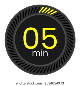 Timer 5 min icon. Five minutes chronometer vector illustration. Black and Yellow timer.