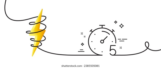 Timer 5 minutes line icon. Continuous one line with curl. Stopwatch time sign. Countdown clock symbol. Timer single outline ribbon. Loop curve with energy. Vector
