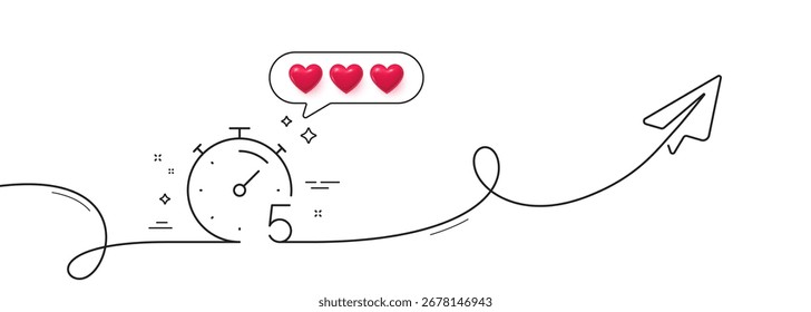Timer 5 minutes line icon. Continuous line with share plane. Stopwatch time sign. Countdown clock symbol. Hearts rate review in speech bubble. Timer single line ribbon. Loop curve pattern. Vector