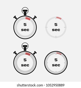 Timer 5 seconds on gray background . Stopwatch icon set. Timer icon. Time check. Seconds timer, seconds counter. Timing device.  Four options. EPS 10 vector.