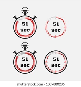 Timer 51 seconds on gray background . Stopwatch icon set. Timer icon. Time check. Seconds timer, seconds counter. Timing device.  Four options. EPS 10 vector.