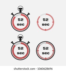 Timer 52 seconds on gray background . Stopwatch icon set. Timer icon. Time check. Seconds timer, seconds counter. Timing device.  Four options. EPS 10 vector.