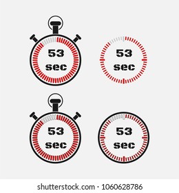 Timer 53 seconds on gray background . Stopwatch icon set. Timer icon. Time check. Seconds timer, seconds counter. Timing device.  Four options. EPS 10 vector.