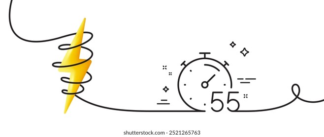 Timer 55 minutes line icon. Continuous one line with curl. Stopwatch time sign. Countdown clock symbol. Timer single outline ribbon. Loop curve with energy. Vector