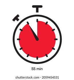 Timer 55 minutes symbol color line style isolated on white background. Clock, stopwatch, cooking time label, sport icon. Vector 10 eps