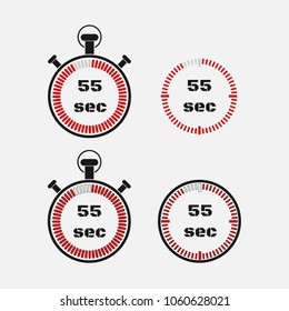 Timer 55 seconds on gray background . Stopwatch icon set. Timer icon. Time check. Seconds timer, seconds counter. Timing device.  Four options. EPS 10 vector.