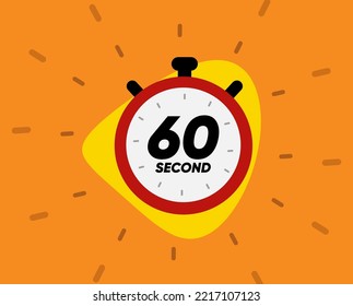 Temporizador 60 segundos. Señal de tiempo de Stopwatch. Símbolo de reloj de cuenta regresiva.ilustración vectorial aislada en fondo amarillo.