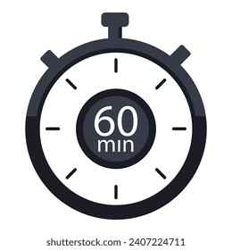 Timer with 65 minutes on dial line icon. Time, stopwatch, alarm clock, clock, second, hour, minute, countdown, chronometer, hands, mechanism. Vector icons for business and advertising