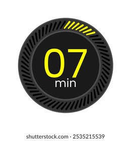 Timer 7 min icon. Seven minutes. Chronometer vector illustration. Black and Yellow.