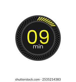 Icono de temporizador de 9 min. Nueve minutos de Ilustración vectorial del cronómetro. Temporizador negro y amarillo.