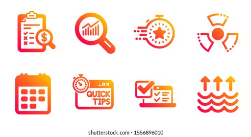 Timer, Accounting report and Chemical hazard line icons set. Quick tips, Data analysis and Calendar signs. Online survey, Evaporation symbols. Deadline management, Check finance. Vector