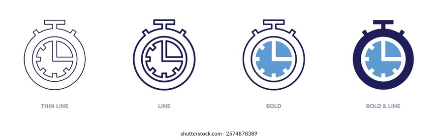 Timer accuracy icon in 4 different styles. Thin Line, Line, Bold, and Bold Line. Duotone style. Editable stroke.