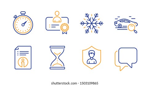 Timer, Air conditioning and Time hourglass line icons set. Search car, Certificate and Technical info signs. Security agency, Talk bubble symbols. Stopwatch gadget, Snowflake. Business set. Vector