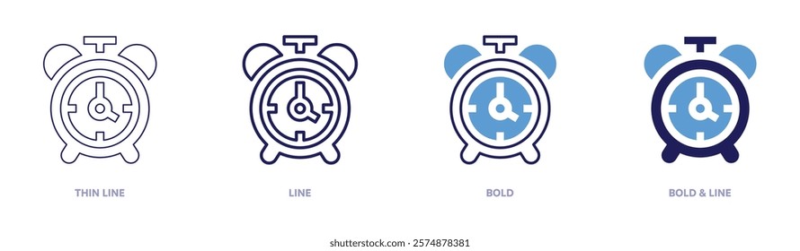 Timer alarm icon in 4 different styles. Thin Line, Line, Bold, and Bold Line. Duotone style. Editable stroke.