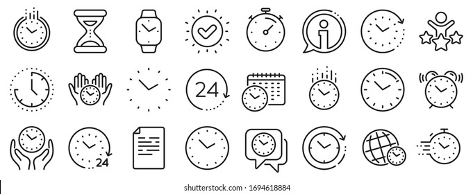 Timer, Alarm and Smartwatch. Time and clock line icons. Time management, 24 hour clock, deadline alarm icons. Sand hourglass, calendar and digital smartwatch, timer stopwatch. Vector